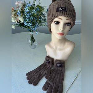 UGG Taupe Knit Beanie and Gloves Set